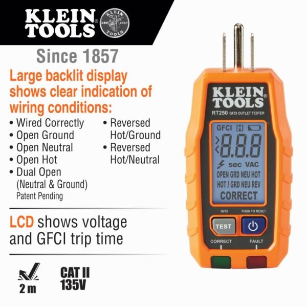 Klein Tools RT250 GFCI Outlet Tester Review Clear LCD and Wiring Fault Detection Klein Tools RT250 GFCI Outlet Tester Review Clear LCD and Wiring Fault Detection