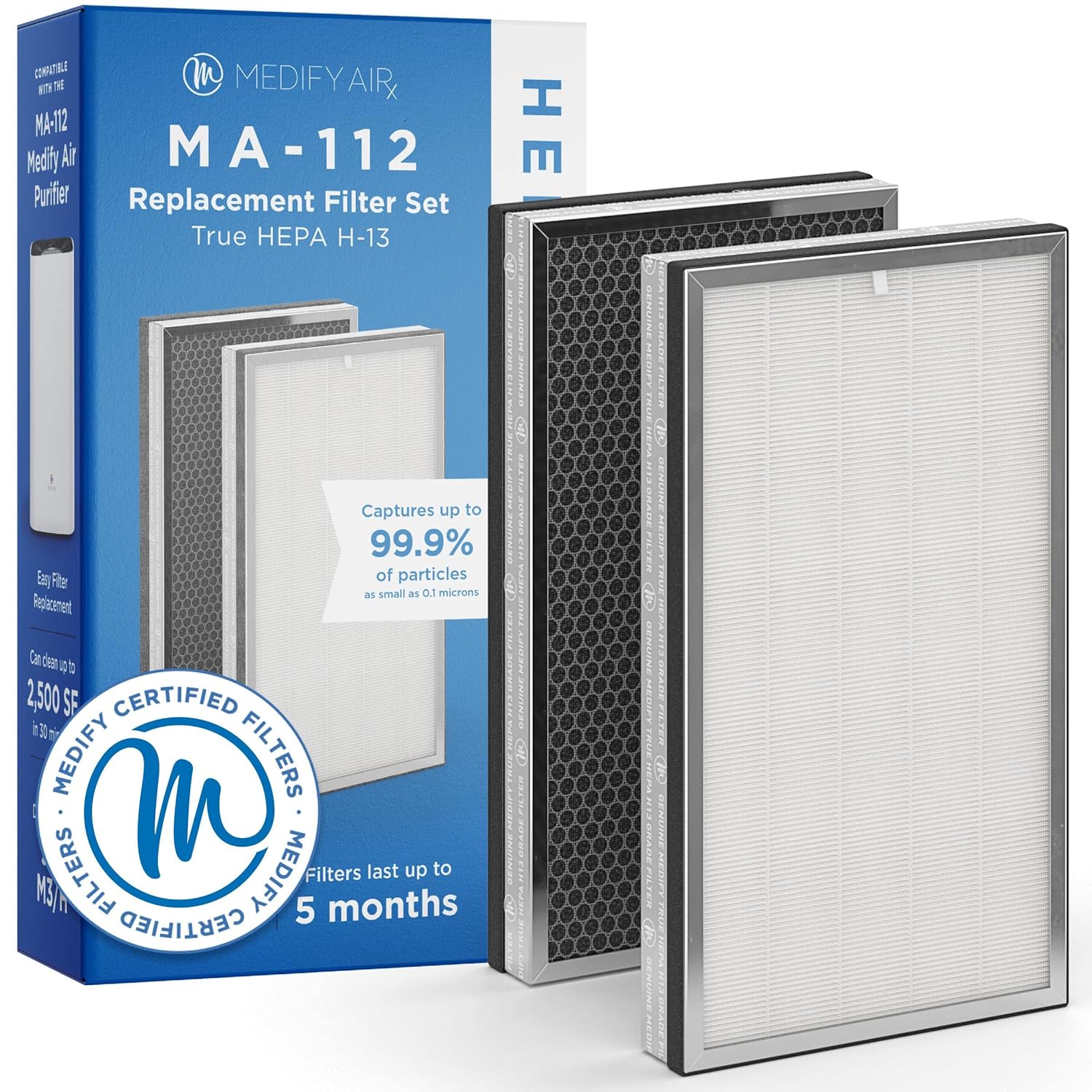 Medify Air MA-112 Genuine Replacement Filter | for Allergens, Wildfire Smoke, Dust, Odors, Pollen, Pet Dander | 3 in 1 with Pre-filter, H13 HEPA, and Activated Carbon | Removal...